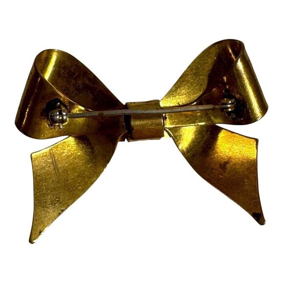 Vintage Gold-Tone Bow Brooch Pin Damascene Engraved Chevron Pattern Art Deco - Picture 2 of 4